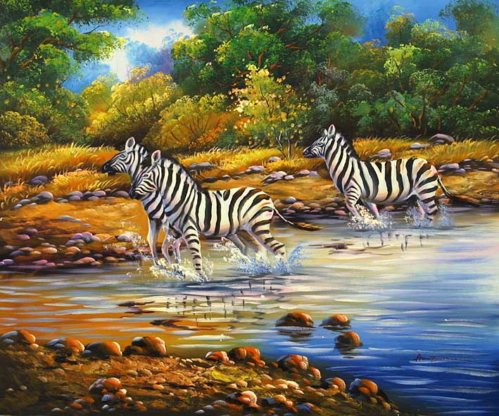 Zebras Walking In The Savannah Creek