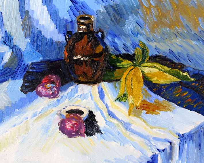 Still Life with a Pitcher, a Blue Cloth, an Onion, and Dry Leaves