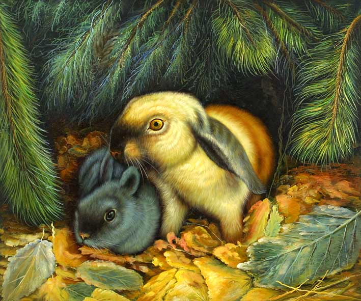 Rabbits under a Spruce