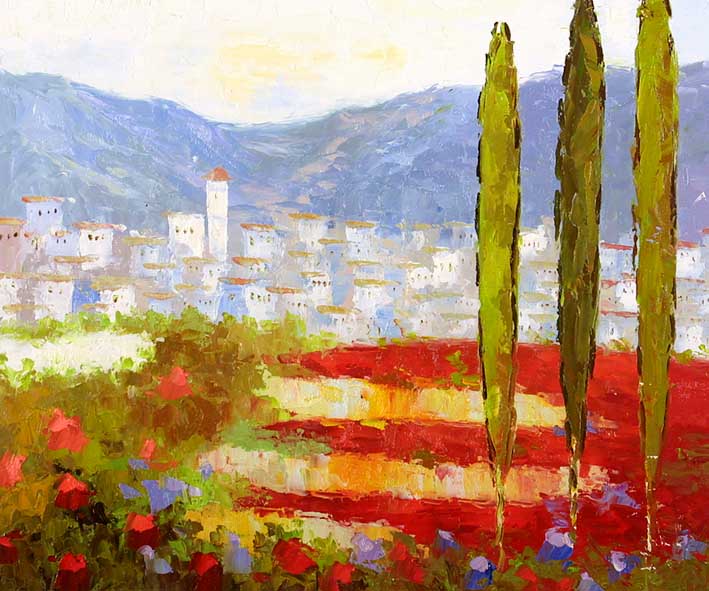 Poplars, Poppies, a City and Mountains