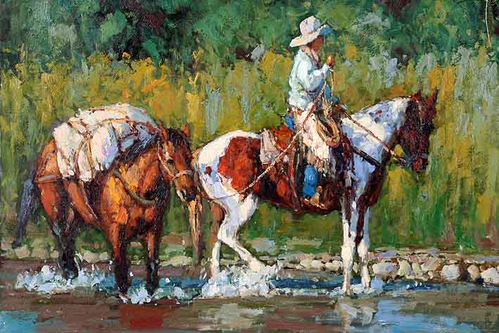 Cowboy Wading Horses Through the Creek