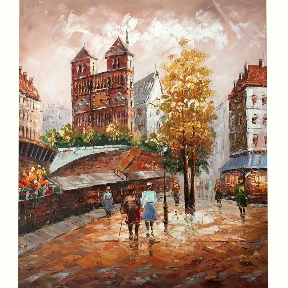 100% Hand-painted canvas oil painting, Paris Street View Romantic Love Autumn Wall Art for Bedroom