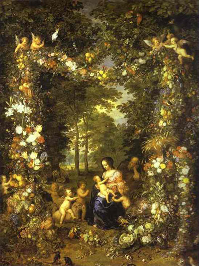 Jan Brueghel the Elder Holy Family in a Flower and Fruit Wreath