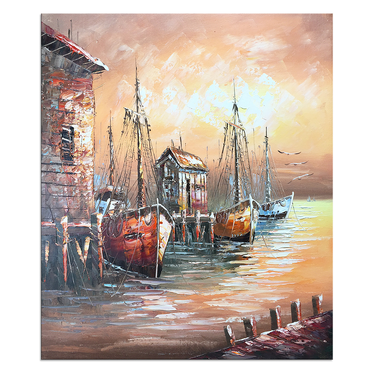 Modern Abstract Landscape Hand Painted Oil Painting Canvas Stretched Ready to Hang Pier Ferry Wall