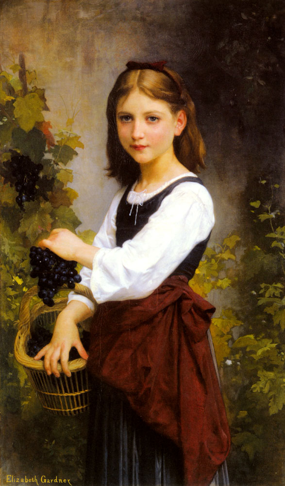 A Young Girl Holding a Basket of Grapes