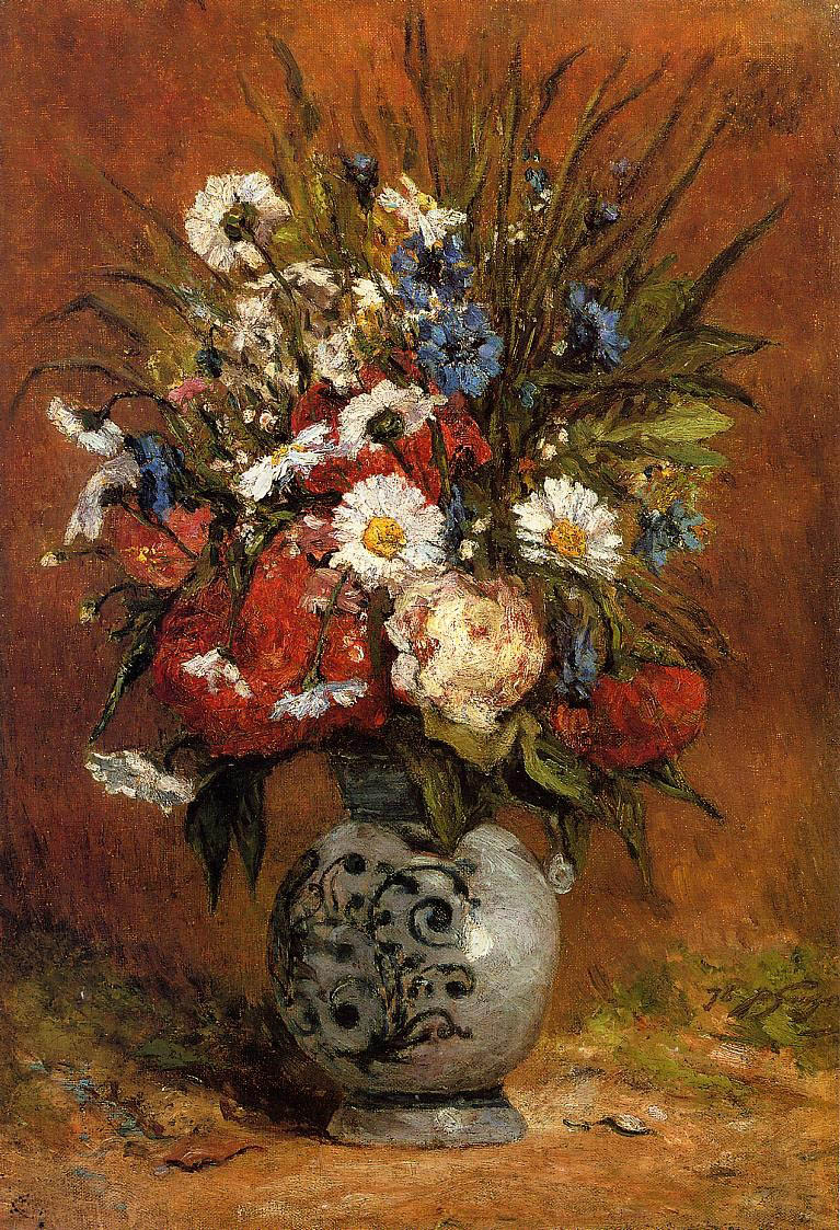 Daisies and Peonies in a Blue Vase