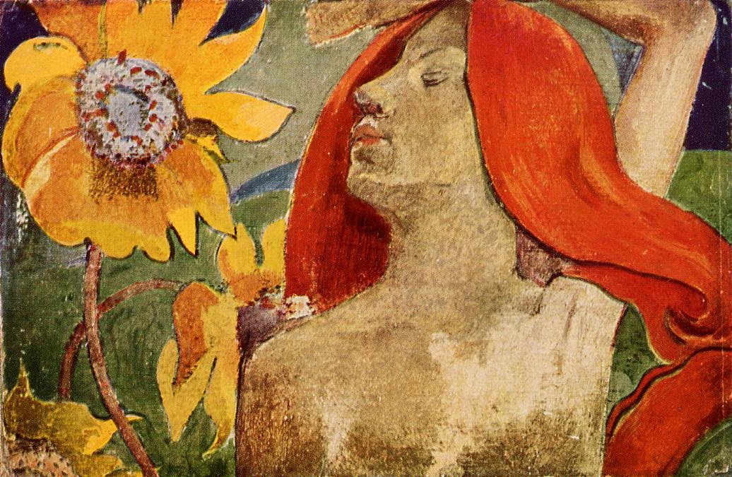 Readheaded Woman and Sunflowers