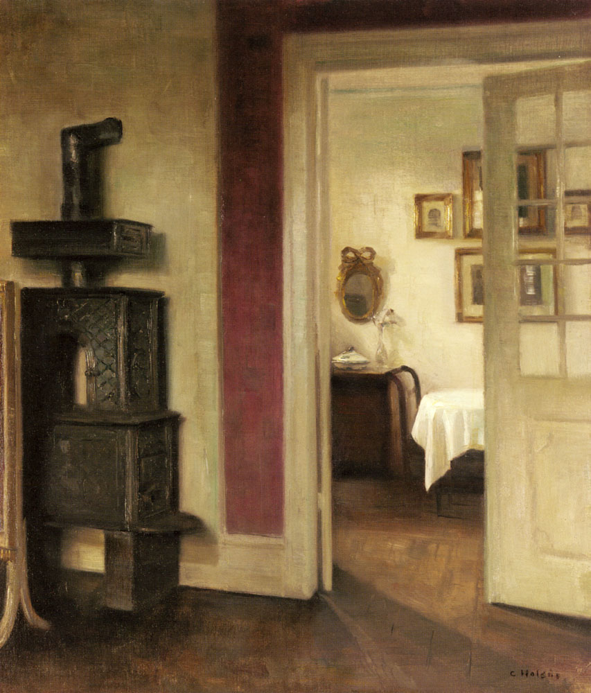 An Interior with a Stove and a View into a Dining Room