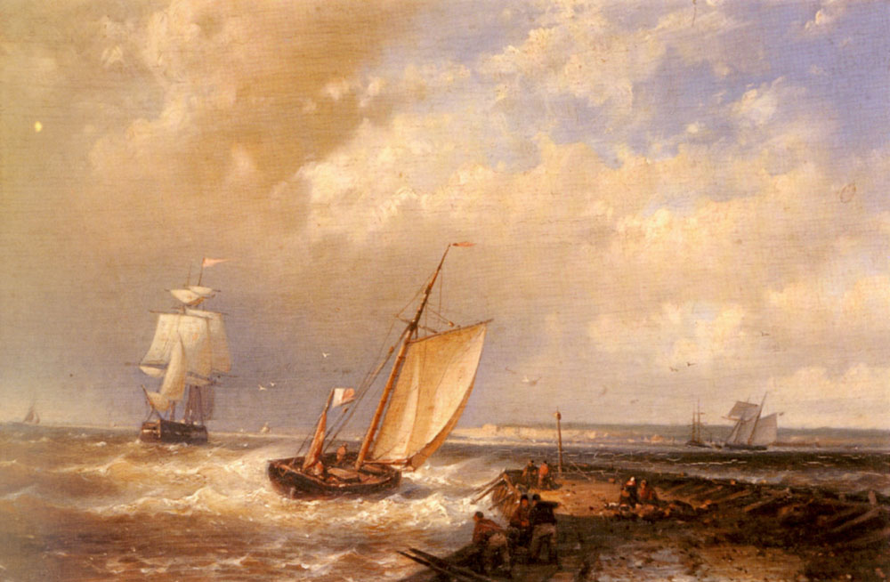 A Dutch Pink Heading Out To Sea, With Shipping Beyond
