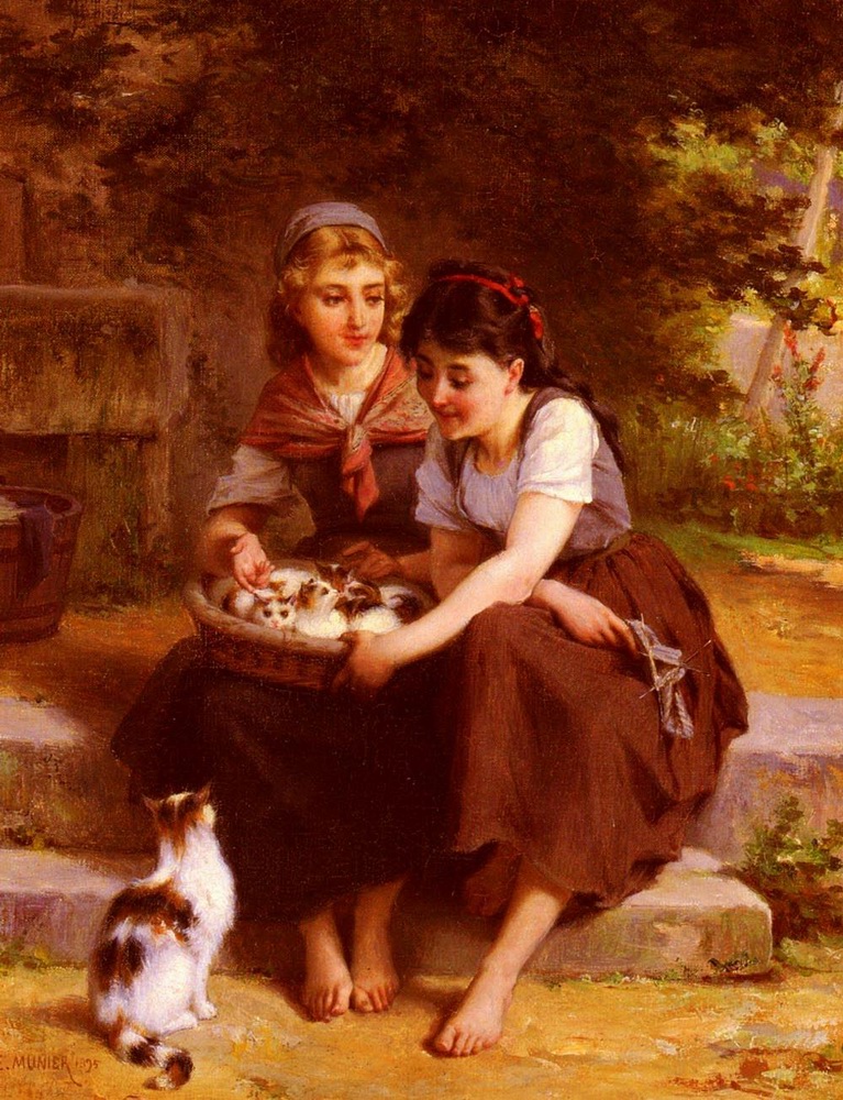 Two Girls With A Basket Of Kittens