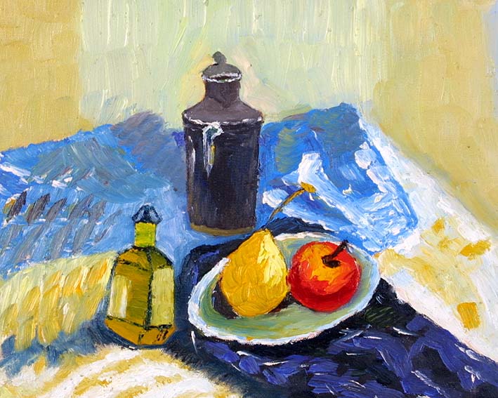 Still Life with a Shaker, a Vinegar Bottle, an Apple, and a Pear