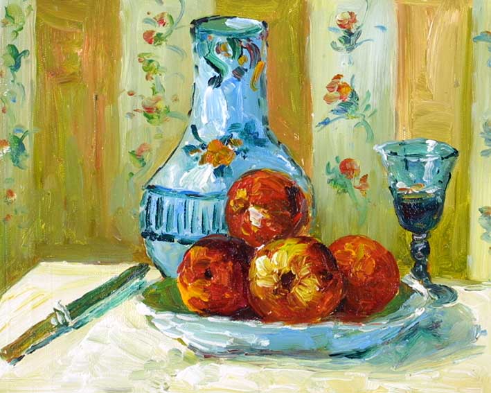 Still Life with a Vase, a Plate, a Glass, a Knife, and Oranges