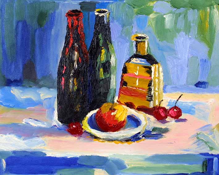 Still Life with Several Bottles, Cherries, and a Honeyed Apple