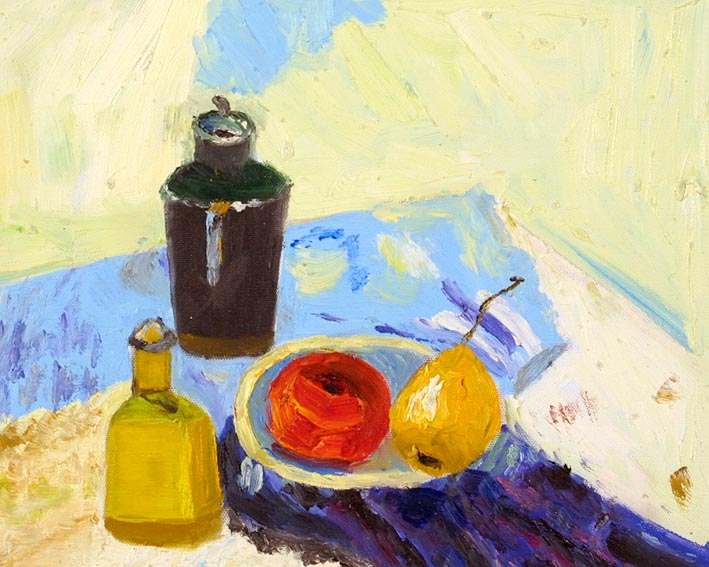 Still Life with a Shaker, a Vinegar Bottle, an Apple, and a Pear