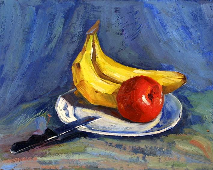 Still Life with a Plate, a Knife, Bananas, and an Apple