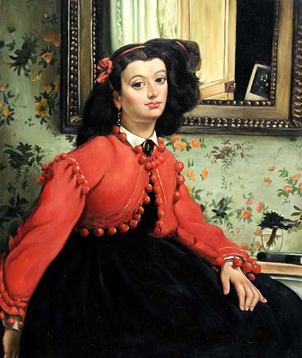 Woman with Black Hair and Red Jacket