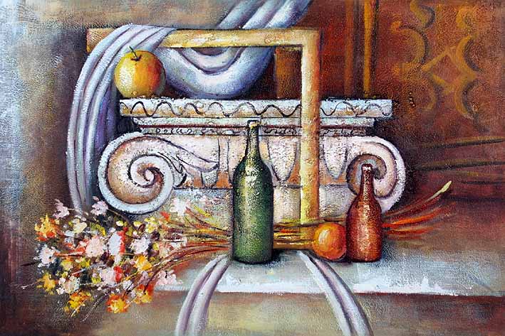 Picture Frame, Flowers, Fruit, and Bottles