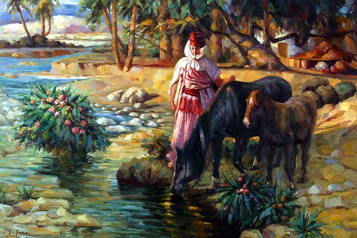 Oriental Girl with her Horses