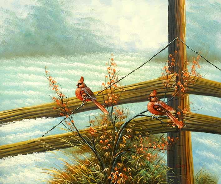 Red Finches Sitting on Barb Wire