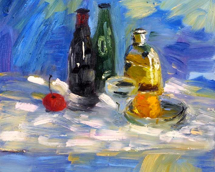 Still Life with Bottles, a Bottle of Oil, and Fruit Pieces