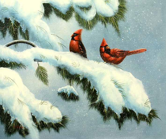 Finches On A Snow Covered Twig