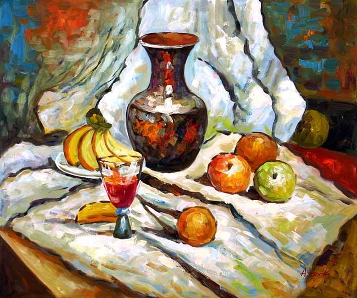 Still Life with Fruit Pieces, a Carafe and a Glass