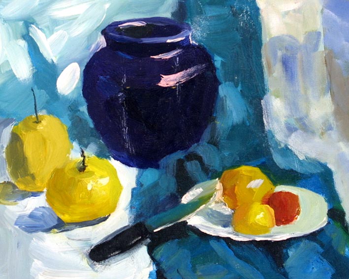 Still Life with a Blue Vase, a Plate, a Knife, Plums, and Apples