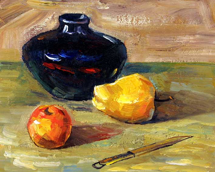 Still Life with a Pot, a Knife, a Peach, an Apple