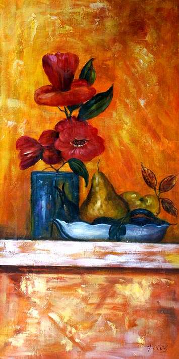 Vase with Red Flowers and Fruit Pieces