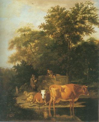 wooded landscape with herdsmen resting and cows wa