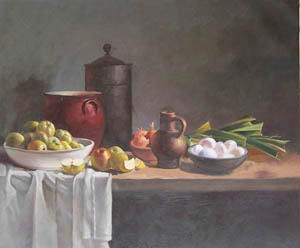 Apple, gallipot,flagon,table clothing paintings