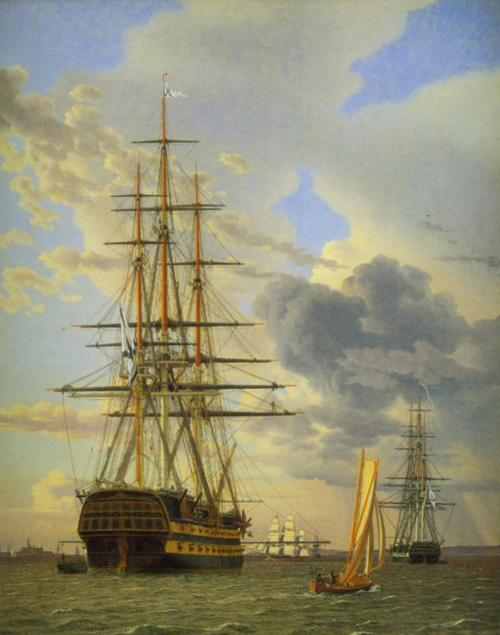 Asow a Russian Ship of the Line together with a Frigate riding at Anchor at Elsinore 1828