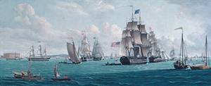 The U.S. Ship Franklin with a View of the Bay of New York 1820s or 1830s