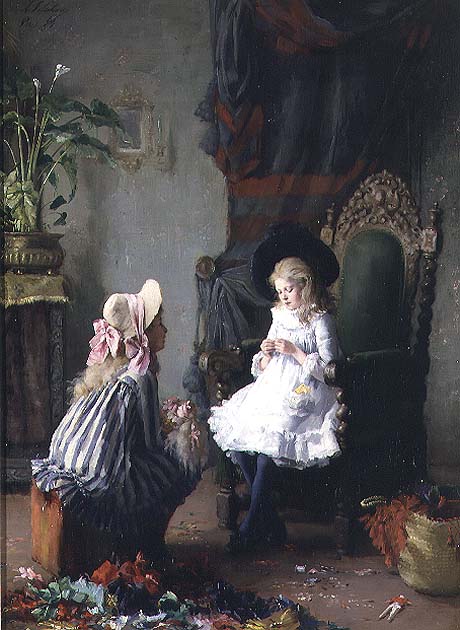 Two Girls Dressing a Doll