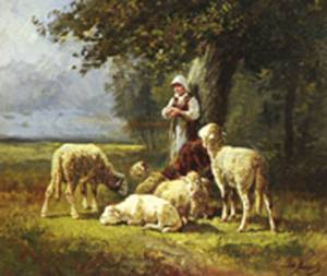 A Shepherdess With Her Flock In A Woodland Clearing