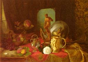 A Still Life With Fruit Objets D Art and a White Rose on a Table