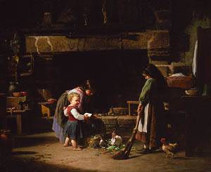 Farm Interior Breton Children Feeding Rabbits 1878