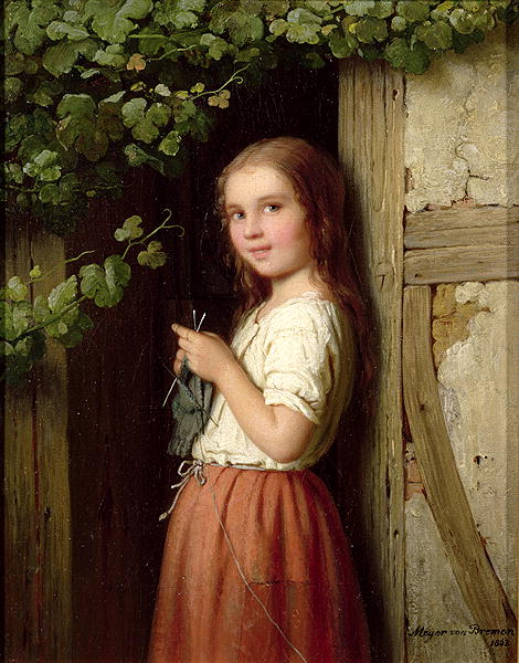 Young Girl Standing in a Doorway Knitting 1863