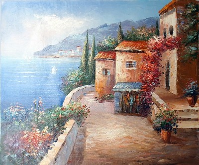 Mediterranean seaside oil painting