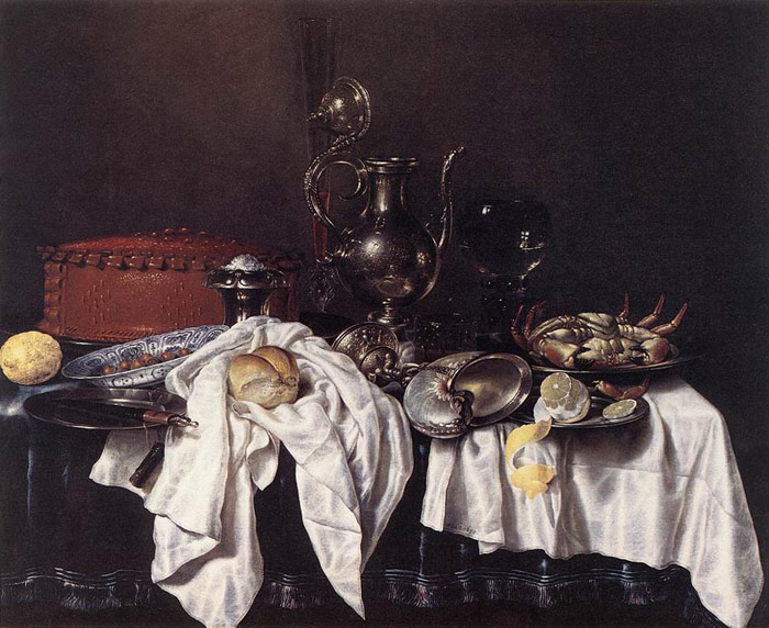 Heda Oil Painting Reproductions- Still-Life with Pie, Silver Ewer and Crab