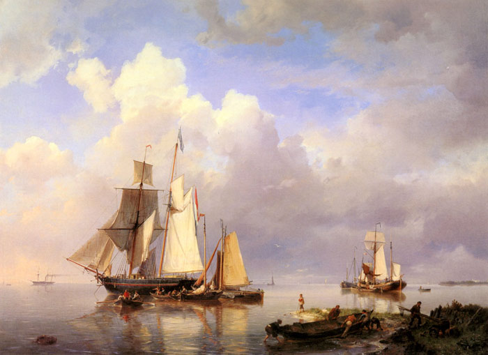 Koekkoek Oil Painting Reproductions - Vessels at Anchor in an Estuary