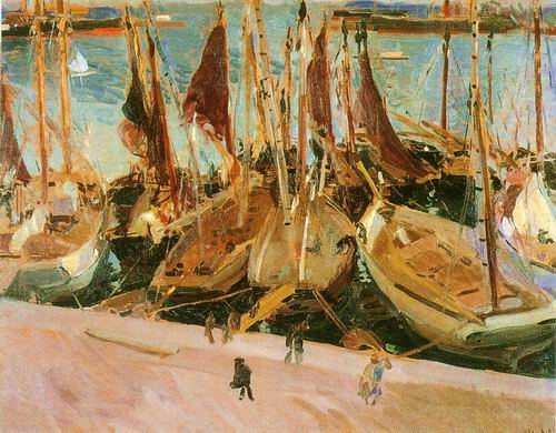 finshing boat in harbor painting, a Joaquin Sorolla Bastida paintings reproduction, we never sell