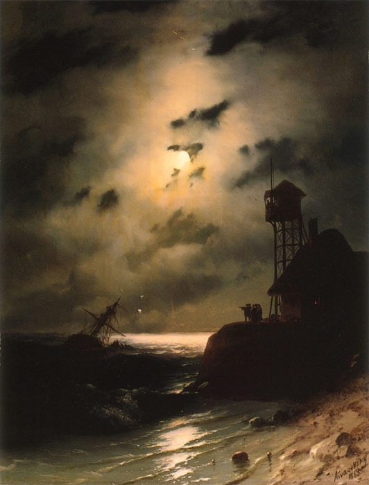 Aivazovsky Oil Painting Reproductions - Moonlit Seascape With Shipwreck