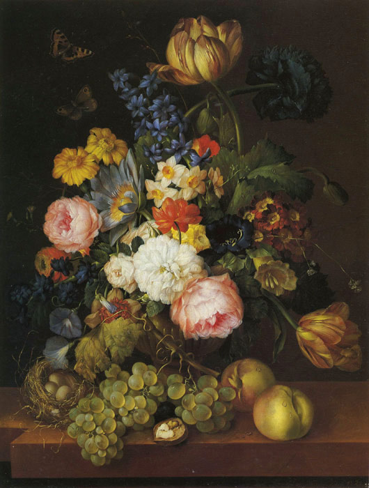 Oil Painting Reproduction of Petter- Stilleben mit Blumenbouquet und Fruchten