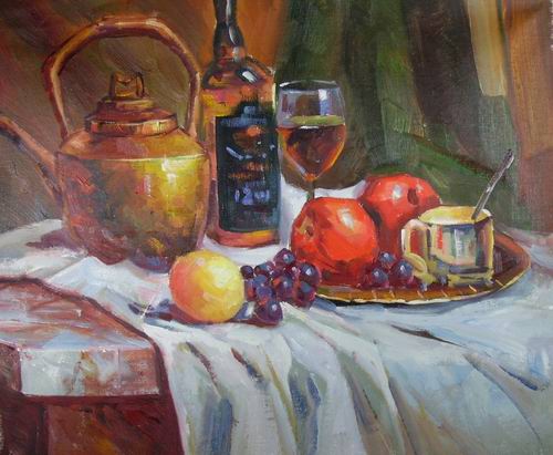 still life with pot and fruits painting