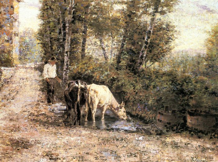 Oil Painting Reproduction of Zampighi- Cows Watering at a Quiet Pool
