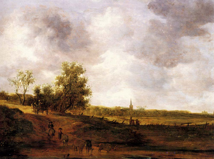 Oil Painting Reproduction of van Goyen - A rural landscape with peasants and a drover by a track