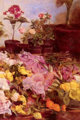 Still Life Flower Pots And Cut Flowers