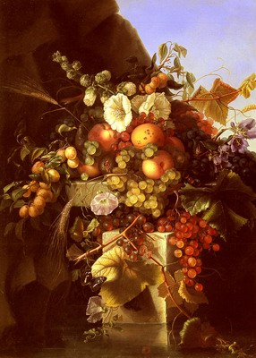 Still Life With Grapes, Peaches, Flowers And A Butterfly