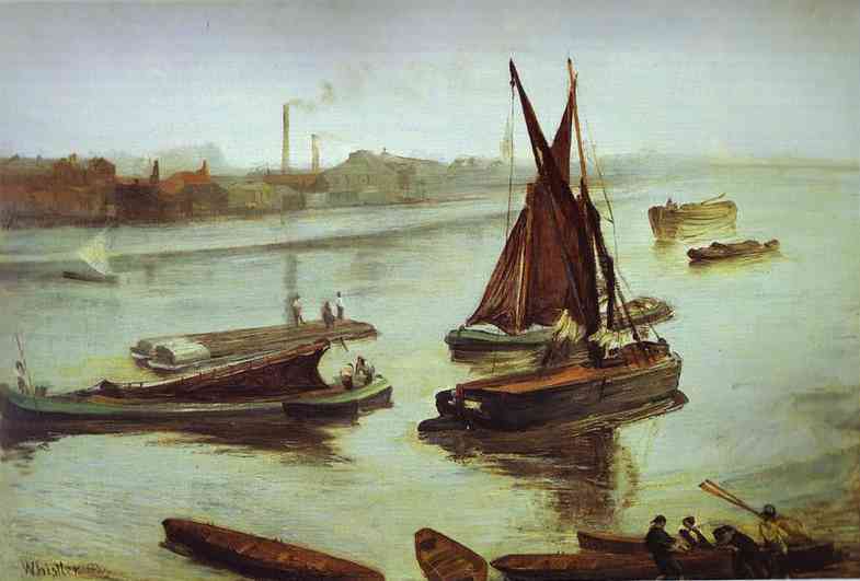 Oil painting:Grey and Silver: Old Battersea Beach. 1863